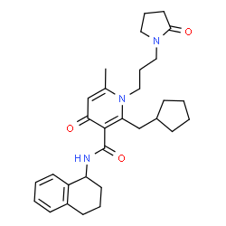 ChemSpider 2D Image | 2-(Cyclopentylmethyl)-6-methyl-4-oxo-1-[3-(2-oxo-1-pyrrolidinyl)propyl]-N-(1,2,3,4-tetrahydro-1-naphthalenyl)-1,4-dihydro-3-pyridinecarboxamide | C30H39N3O3