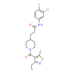 ChemSpider 2D Image | N-(3-Chloro-4-fluorophenyl)-3-{1-[(3-ethyl-5-methyl-1,2-oxazol-4-yl)carbonyl]-4-piperidinyl}propanamide | C21H25ClFN3O3