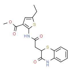 ChemSpider 2D Image | Methyl 5-ethyl-2-{[(3-oxo-3,4-dihydro-2H-1,4-benzothiazin-2-yl)acetyl]amino}-3-thiophenecarboxylate | C18H18N2O4S2