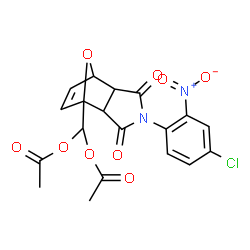 ChemSpider 2D Image | [4-(4-Chloro-2-nitrophenyl)-3,5-dioxo-10-oxa-4-azatricyclo[5.2.1.0~2,6~]dec-8-en-1-yl]methylene diacetate | C19H15ClN2O9