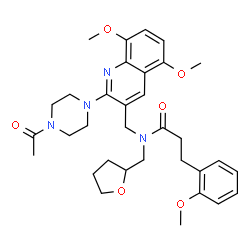 ChemSpider 2D Image | N-{[2-(4-Acetyl-1-piperazinyl)-5,8-dimethoxy-3-quinolinyl]methyl}-3-(2-methoxyphenyl)-N-(tetrahydro-2-furanylmethyl)propanamide | C33H42N4O6