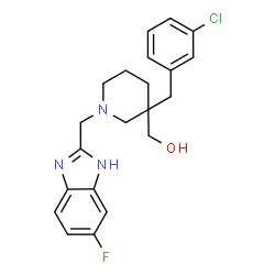 ChemSpider 2D Image | {3-(3-Chlorobenzyl)-1-[(5-fluoro-1H-benzimidazol-2-yl)methyl]-3-piperidinyl}methanol | C21H23ClFN3O