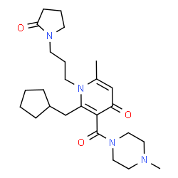 ChemSpider 2D Image | 2-(Cyclopentylmethyl)-6-methyl-3-[(4-methyl-1-piperazinyl)carbonyl]-1-[3-(2-oxo-1-pyrrolidinyl)propyl]-4(1H)-pyridinone | C25H38N4O3