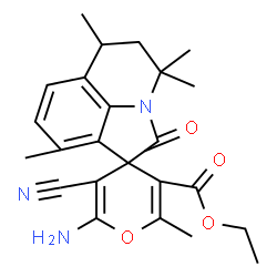 ChemSpider 2D Image | Ethyl 6-amino-5-cyano-2,4',4',6',9'-pentamethyl-2'-oxo-5',6'-dihydro-4'H-spiro[pyran-4,1'-pyrrolo[3,2,1-ij]quinoline]-3-carboxylate | C24H27N3O4