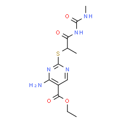 ChemSpider 2D Image | ethyl 4-amino-2-[1-methyl-2-(methylcarbamoylamino)-2-oxo-ethyl]sulfanyl-pyrimidine-5-carboxylate | C12H17N5O4S