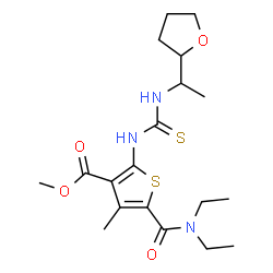 ChemSpider 2D Image | Methyl 5-(diethylcarbamoyl)-4-methyl-2-({[1-(tetrahydro-2-furanyl)ethyl]carbamothioyl}amino)-3-thiophenecarboxylate | C19H29N3O4S2
