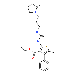 ChemSpider 2D Image | Ethyl 5-methyl-2-({[3-(2-oxo-1-pyrrolidinyl)propyl]carbamothioyl}amino)-4-phenyl-3-thiophenecarboxylate | C22H27N3O3S2