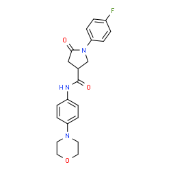 ChemSpider 2D Image | 1-(4-Fluorophenyl)-N-[4-(4-morpholinyl)phenyl]-5-oxo-3-pyrrolidinecarboxamide | C21H22FN3O3