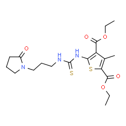ChemSpider 2D Image | Diethyl 3-methyl-5-({[3-(2-oxo-1-pyrrolidinyl)propyl]carbamothioyl}amino)-2,4-thiophenedicarboxylate | C19H27N3O5S2