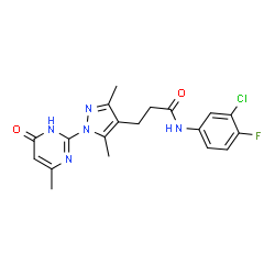 ChemSpider 2D Image | N-(3-Chloro-4-fluorophenyl)-3-[3,5-dimethyl-1-(4-methyl-6-oxo-1,6-dihydro-2-pyrimidinyl)-1H-pyrazol-4-yl]propanamide | C19H19ClFN5O2