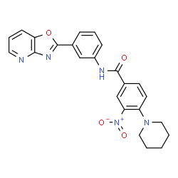 ChemSpider 2D Image | 3-Nitro-N-[3-([1,3]oxazolo[4,5-b]pyridin-2-yl)phenyl]-4-(1-piperidinyl)benzamide | C24H21N5O4