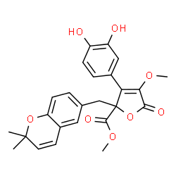 ChemSpider 2D Image | Methyl 3-(3,4-dihydroxyphenyl)-2-[(2,2-dimethyl-2H-chromen-6-yl)methyl]-4-methoxy-5-oxo-2,5-dihydro-2-furancarboxylate | C25H24O8