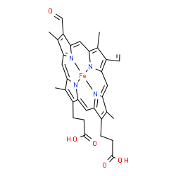ChemSpider 2D Image | [3,3'-(8-Formyl-3,7,12,17-tetramethyl-13-vinyl-2,18-porphyrindiyl-kappa~4~N~21~,N~22~,N~23~,N~24~)dipropanoato(2-)]iron | C33H30FeN4O5