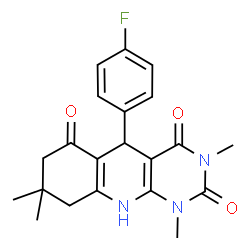 ChemSpider 2D Image | 5-(4-Fluorophenyl)-1,3,8,8-tetramethyl-5,8,9,10-tetrahydropyrimido[4,5-b]quinoline-2,4,6(1H,3H,7H)-trione | C21H22FN3O3