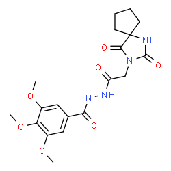 ChemSpider 2D Image | N'-[(2,4-Dioxo-1,3-diazaspiro[4.4]non-3-yl)acetyl]-3,4,5-trimethoxybenzohydrazide | C19H24N4O7