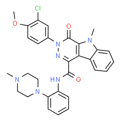 ChemSpider 2D Image | 3-(3-Chloro-4-methoxyphenyl)-5-methyl-N-[2-(4-methyl-1-piperazinyl)phenyl]-4-oxo-4,5-dihydro-3H-pyridazino[4,5-b]indole-1-carboxamide | C30H29ClN6O3