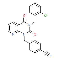 ChemSpider 2D Image | 4-{[3-(2-Chlorobenzyl)-2,4-dioxo-3,4-dihydropyrido[2,3-d]pyrimidin-1(2H)-yl]methyl}benzonitrile | C22H15ClN4O2