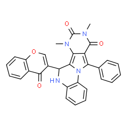 ChemSpider 2D Image | 7,9-Dimethyl-6-(4-oxo-4H-chromen-3-yl)-11-phenyl-6,7-dihydropyrimido[4',5':3,4]pyrrolo[1,2-a]quinoxaline-8,10(5H,9H)-dione | C30H22N4O4