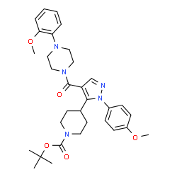 ChemSpider 2D Image | 2-Methyl-2-propanyl 4-[1-(4-methoxyphenyl)-4-{[4-(2-methoxyphenyl)-1-piperazinyl]carbonyl}-1H-pyrazol-5-yl]-1-piperidinecarboxylate | C32H41N5O5