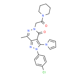 ChemSpider 2D Image | 2-(4-Chlorophenyl)-7-methyl-5-[2-oxo-2-(1-piperidinyl)ethyl]-3-(1H-pyrrol-1-yl)-2,5-dihydro-4H-pyrazolo[3,4-d]pyridazin-4-one | C23H23ClN6O2