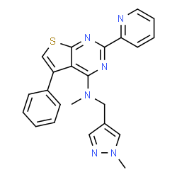 ChemSpider 2D Image | N-Methyl-N-[(1-methyl-1H-pyrazol-4-yl)methyl]-5-phenyl-2-(2-pyridinyl)thieno[2,3-d]pyrimidin-4-amine | C23H20N6S
