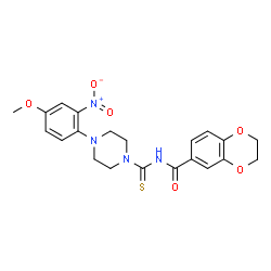 ChemSpider 2D Image | N-{[4-(4-Methoxy-2-nitrophenyl)piperazin-1-yl]carbothioyl}-2,3-dihydro-1,4-benzodioxine-6-carboxamide | C21H22N4O6S