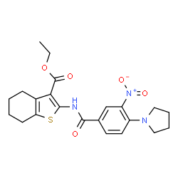 ChemSpider 2D Image | Ethyl 2-{[3-nitro-4-(1-pyrrolidinyl)benzoyl]amino}-4,5,6,7-tetrahydro-1-benzothiophene-3-carboxylate | C22H25N3O5S