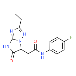 ChemSpider 2D Image | 2-(2-Ethyl-5-oxo-5,6-dihydro-1H-imidazo[1,2-b][1,2,4]triazol-6-yl)-N-(4-fluorophenyl)acetamide | C14H14FN5O2
