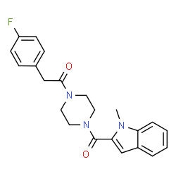 ChemSpider 2D Image | 2-(4-Fluorophenyl)-1-{4-[(1-methyl-1H-indol-2-yl)carbonyl]-1-piperazinyl}ethanone | C22H22FN3O2