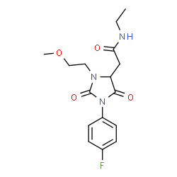 ChemSpider 2D Image | N-Ethyl-2-[1-(4-fluorophenyl)-3-(2-methoxyethyl)-2,5-dioxo-4-imidazolidinyl]acetamide | C16H20FN3O4