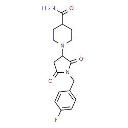 ChemSpider 2D Image | 1-[1-(4-Fluorobenzyl)-2,5-dioxo-3-pyrrolidinyl]-4-piperidinecarboxamide | C17H20FN3O3