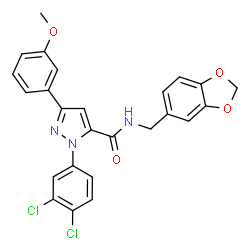 ChemSpider 2D Image | N-(1,3-Benzodioxol-5-ylmethyl)-1-(3,4-dichlorophenyl)-3-(3-methoxyphenyl)-1H-pyrazole-5-carboxamide | C25H19Cl2N3O4