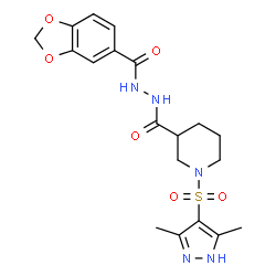 ChemSpider 2D Image | N'-(1,3-Benzodioxol-5-ylcarbonyl)-1-[(3,5-dimethyl-1H-pyrazol-4-yl)sulfonyl]-3-piperidinecarbohydrazide | C19H23N5O6S