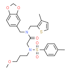 ChemSpider 2D Image | N-(1,3-Benzodioxol-5-ylmethyl)-N~2~-(3-methoxypropyl)-N~2~-[(4-methylphenyl)sulfonyl]-N-[(3-methyl-2-thienyl)methyl]glycinamide | C27H32N2O6S2