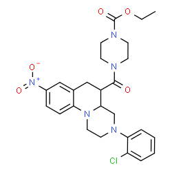 ChemSpider 2D Image | Ethyl 4-{[3-(2-chlorophenyl)-8-nitro-2,3,4,4a,5,6-hexahydro-1H-pyrazino[1,2-a]quinolin-5-yl]carbonyl}-1-piperazinecarboxylate | C26H30ClN5O5