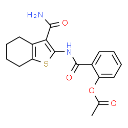 ChemSpider 2D Image | 2-[(3-Carbamoyl-4,5,6,7-tetrahydro-1-benzothiophen-2-yl)carbamoyl]phenyl acetate | C18H18N2O4S
