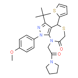 ChemSpider 2D Image | 1-(4-Methoxyphenyl)-3-(2-methyl-2-propanyl)-8-[2-oxo-2-(1-pyrrolidinyl)ethyl]-4-(2-thienyl)-4,8-dihydro-1H-pyrazolo[3,4-e][1,4]thiazepin-7(6H)-one | C27H32N4O3S2