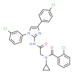 ChemSpider 2D Image | 2-Chloro-N-(2-{[1-(3-chlorophenyl)-4-(4-chlorophenyl)-1H-imidazol-2-yl]amino}-2-oxoethyl)-N-cyclopropylbenzamide | C27H21Cl3N4O2