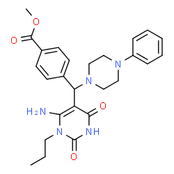 ChemSpider 2D Image | Methyl 4-[(6-amino-2,4-dioxo-1-propyl-1,2,3,4-tetrahydro-5-pyrimidinyl)(4-phenyl-1-piperazinyl)methyl]benzoate | C26H31N5O4