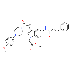 ChemSpider 2D Image | Ethyl (3-{[4-(4-methoxyphenyl)-1-piperazinyl](oxo)acetyl}-5-[(3-phenylpropanoyl)amino]-1H-indol-1-yl)acetate | C34H36N4O6