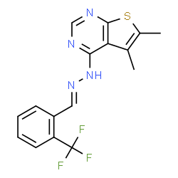 ChemSpider 2D Image | 5,6-Dimethyl-4-{(2E)-2-[2-(trifluoromethyl)benzylidene]hydrazino}thieno[2,3-d]pyrimidine | C16H13F3N4S