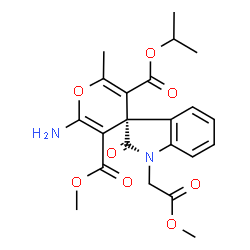 ChemSpider 2D Image | 5'-Isopropyl 3'-methyl (3S)-2'-amino-1-(2-methoxy-2-oxoethyl)-6'-methyl-2-oxo-1,2-dihydrospiro[indole-3,4'-pyran]-3',5'-dicarboxylate | C22H24N2O8