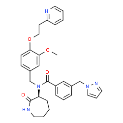 ChemSpider 2D Image | N-{3-Methoxy-4-[2-(2-pyridinyl)ethoxy]benzyl}-N-[(3S)-2-oxo-3-azepanyl]-3-(1H-pyrazol-1-ylmethyl)benzamide | C32H35N5O4