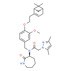 ChemSpider 2D Image | N-(4-{2-[(1R,5S)-6,6-Dimethylbicyclo[3.1.1]hept-2-en-2-yl]ethoxy}-3-methoxybenzyl)-2-(3,5-dimethyl-1H-pyrazol-1-yl)-N-[(3S)-2-oxo-3-azepanyl]acetamide | C32H44N4O4