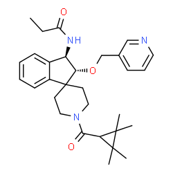 ChemSpider 2D Image | N-{(2R,3R)-2-(3-Pyridinylmethoxy)-1'-[(2,2,3,3-tetramethylcyclopropyl)carbonyl]-2,3-dihydrospiro[indene-1,4'-piperidin]-3-yl}propanamide | C30H39N3O3