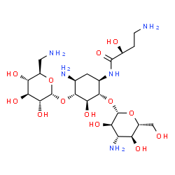 ChemSpider 2D Image | (2S)-4-Amino-N-{(1R,2S,3S,4R,5S)-5-amino-2-[(3-amino-3-deoxy-beta-D-glucopyranosyl)oxy]-4-[(6-amino-6-deoxy-alpha-D-glucopyranosyl)oxy]-3-hydroxycyclohexyl}-2-hydroxybutanamide | C22H43N5O13