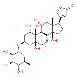 ChemSpider 2D Image | (1alpha,3beta,5beta,11alpha)-3-[(6-Deoxy-alpha-L-mannopyranosyl)oxy]-1,5,11,14,19-pentahydroxycard-20(22)-enolide | C29H44O12