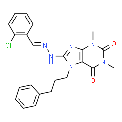 ChemSpider 2D Image | 8-[(2E)-2-(2-Chlorobenzylidene)hydrazino]-1,3-dimethyl-7-(3-phenylpropyl)-3,7-dihydro-1H-purine-2,6-dione | C23H23ClN6O2