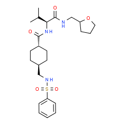 ChemSpider 2D Image | trans-N-{(2S)-3-Methyl-1-oxo-1-[(tetrahydro-2-furanylmethyl)amino]-2-butanyl}-4-{[(phenylsulfonyl)amino]methyl}cyclohexanecarboxamide | C24H37N3O5S