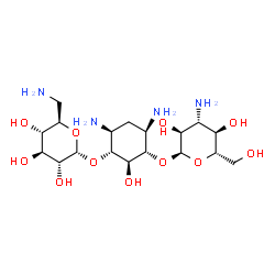 ChemSpider 2D Image | (1R,2R,3S,4R,6S)-4,6-Diamino-3-[(3-amino-3-deoxy-alpha-L-glucopyranosyl)oxy]-2-hydroxycyclohexyl 6-amino-6-deoxy-alpha-D-glucopyranoside | C18H36N4O11